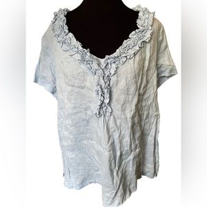 Talbots Plus Size Blue Linen Artsy Ruffle Casual Coastal Short Sleeve Blouse